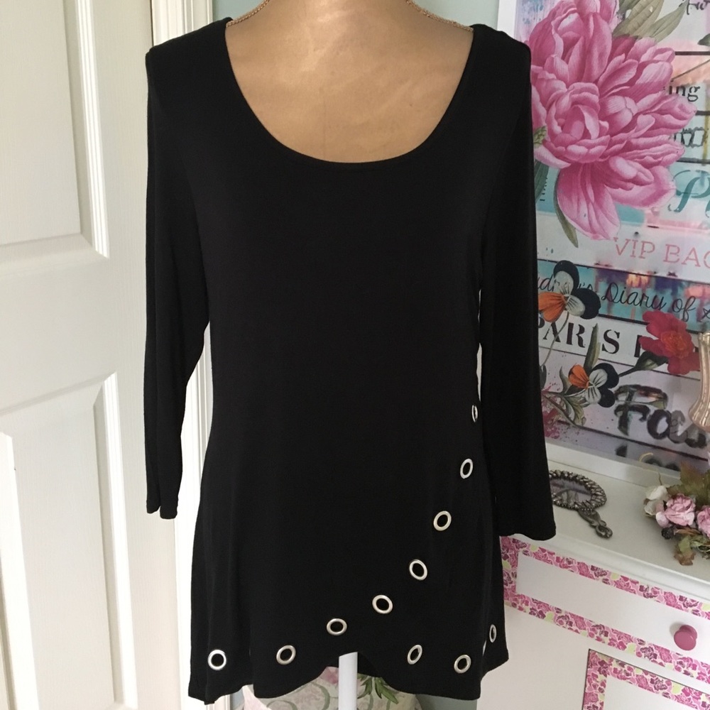 Black knit tunic top with grommet detailing